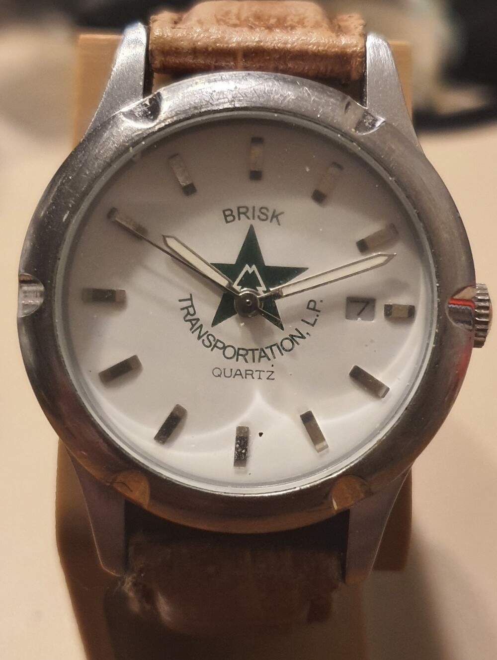 10/$20 Vtg Brisk Transportation L.P. Silver/White Leather Promo Men's Watch